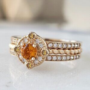 Citrine Gemstone Ring Set, real 925 Sterling Silver, 10k Gold Finish
